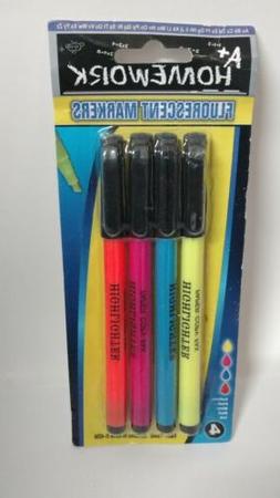 A+ Homework Fluorescent Markers, 4 Markers - Yellow, Pink, B